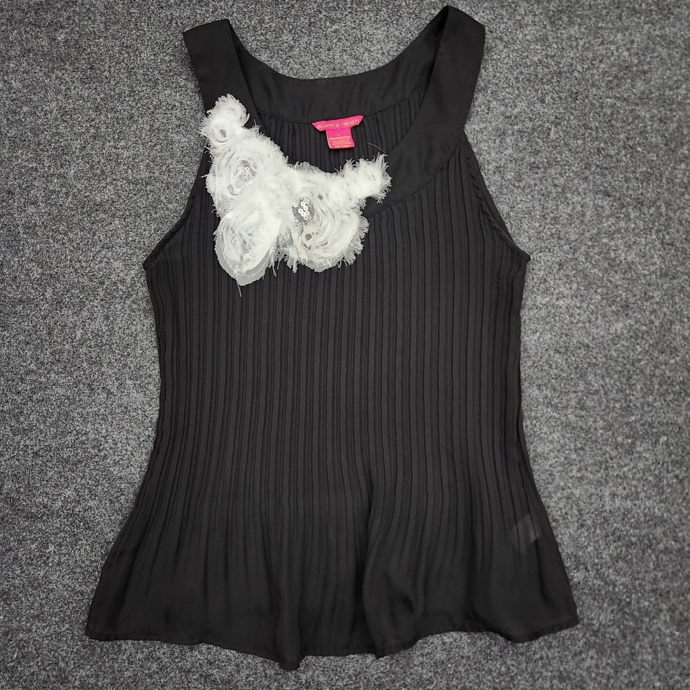 Y2K Sunny Leigh Womens Large Black Pleated Sleeveless 3D Floral Top Whimsigoth